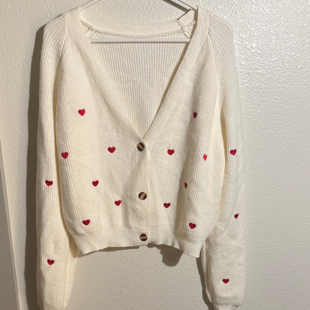 *No Tag Cream Cardigan with Red Heart Accents